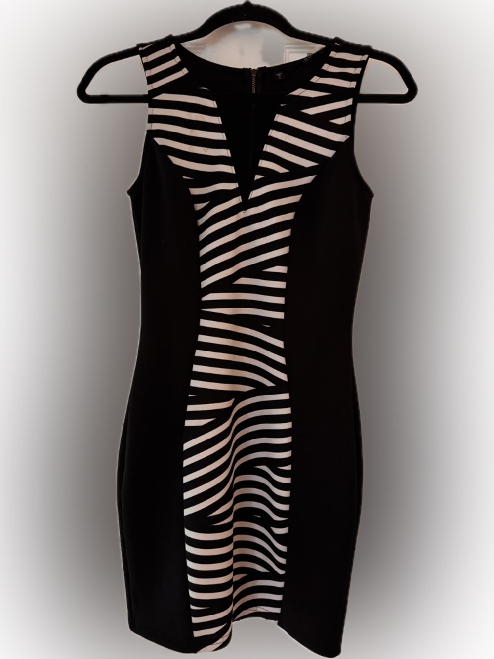 Guess Black and White Striped Panel Mini Dress with Notch Neck